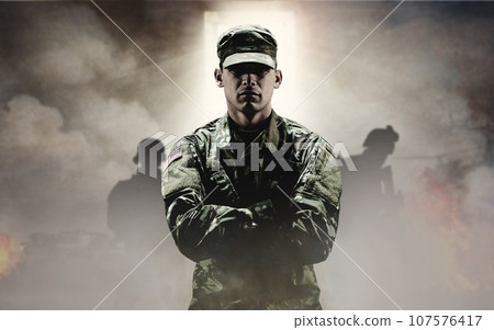 Man, soldier or hero in war with smoke in explosion, team or shadows in overlay for mockup. Military, person or commander on mission with light, door and standing with confidence, hope and future Man, soldier or hero in war with smoke in explosion, team or shadows in overlay for mockup. Military, person or commander on mission with light, door and standing with confidence, hope and future 107576417
