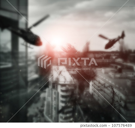 Military, warzone and apocalypse with explosion in city for missile, army and bomb launch. Warrior, solider and target with fight on battlefield for helicopter mission, rocket and nuclear attack 107576489