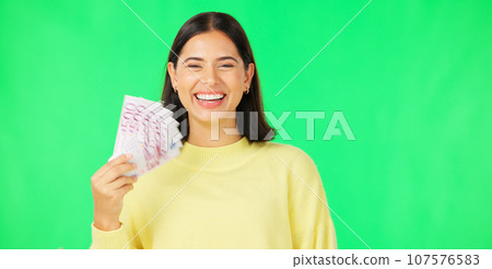 Money winner, portrait or happy woman on green screen with lottery jackpot, competition giveaway. Goal, success or excited rich female person with Euros or gambling cash prize on studio background 107576583