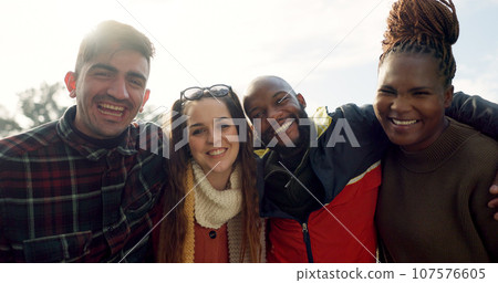 Group, couple of friends and laughing outdoor for fun, quality time and bonding together. Happy men, women and diversity of people hug with smile for support, freedom and funny double date at park Group, couple of friends and laughing outdoor for fun, quality time and bonding together. Happy men, women and diversity of people hug with smile for support, freedom and funny double date at park 107576605