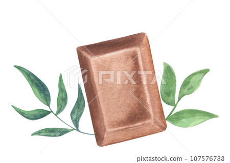 Piece milk chocolate square. Green leaves, mint. Food clipart. Hand drawn watercolor illustration isolated on white background. For logo cafe menu pastry shop Piece milk chocolate square. Green leaves, mint. Food clipart. Hand drawn watercolor illustration isolated on white background. For logo cafe menu pastry shop 107576788