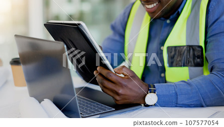 Tablet, computer and hands for architecture, planning and blueprint development or building update or progress. Happy contractor, man or designer on digital technology for floor plan or engineering Tablet, computer and hands for architecture, planning and blueprint development or building update or progress. Happy contractor, man or designer on digital technology for floor plan or engineering 107577054