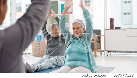 Old people in yoga class, fitness and meditation with breathing, wellness and retirement. Health, exercise and stretching, women and workout with elderly care and zen, mindfulness and vitality 107577138