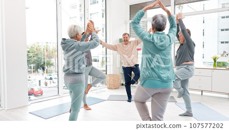 Senior workout, people with coach for fitness, wellness and training together. Happy, gym and elderly group of friends with trainer and gear for exercise in nursing home for retirement Senior workout, people with coach for fitness, wellness and training together. Happy, gym and elderly group of friends with trainer and gear for exercise in nursing home for retirement 107577202