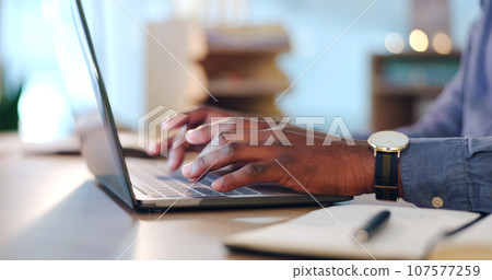 Businessman, laptop and typing at office for communication, project or online research on table. Closeup of male person or employee working on computer for email, writing or schedule planning on desk Businessman, laptop and typing at office for communication, project or online research on table. Closeup of male person or employee working on computer for email, writing or schedule planning on desk 107577259