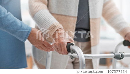 Hands, walker or caregiver with patient in rehabilitation or hospital for nursing, healing or support closeup. Learning, nurse helping or person with walking frame in physical therapy recovery 107577354