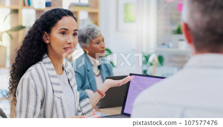 Meeting, communication and business people in discussion with idea for project, marketing strategy and startup. Teamwork, collaboration and men and women in office for task, proposal and planning 107577476