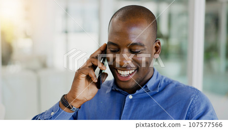 Happy black man, phone call and laughing for discussion, funny joke or humor at office. African businessman smile, talking or mobile smartphone for fun business conversation or proposal at workplace Happy black man, phone call and laughing for discussion, funny joke or humor at office. African businessman smile, talking or mobile smartphone for fun business conversation or proposal at workplace 107577566