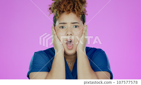 Wow, surprise and portrait of woman with fear, worried and scared isolated in a studio purple background. Confused, omg and shocked young person in Brazil amazed by announcement, gossip or secret Wow, surprise and portrait of woman with fear, worried and scared isolated in a studio purple background. Confused, omg and shocked young person in Brazil amazed by announcement, gossip or secret 107577578