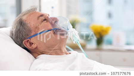 Oxygen mask, hospital and senior man with ventilation and healthcare support in a clinic. Elderly patient, medical care and emergency room with male person at a doctor for wellness and health Oxygen mask, hospital and senior man with ventilation and healthcare support in a clinic. Elderly patient, medical care and emergency room with male person at a doctor for wellness and health 107577676