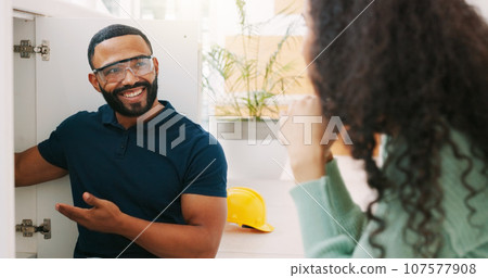 Plumbing, handyman and maintenance with man smiling and sink with customer for improvement, contractor and fixing. Home renovation, service and inspection with plumber and woman for industry, labor o 107577908