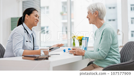 Medical consultation, tablet and senior woman, doctor and talk to patient, explain hospital services or healthcare insurance. Chat, results or cardiology worker consulting, advice or help old person 107577909