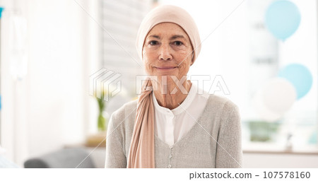 Face, senior woman and cancer patient in hospital for healthcare, wellness and healing. Serious portrait, elderly and sick person in clinic with courage mindset to fight for health in retirement 107578160