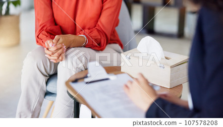 Clipboard, therapy and woman hands closeup for depression, mental health or psychology advice, support and evaluation. Therapist consulting client with checklist, assessment or health insurance talk 107578208