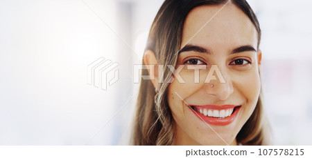 Face, happiness and business woman in office with pride for career, job or occupation in corporate workplace. Portrait, smile and female entrepreneur, professional or confident person from Greece. 107578215