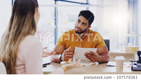 Business people, teamwork and paperwork with online management team talking about strategy. Document analysis and man with communication and cooperation planning research with work schedule and idea 107578361