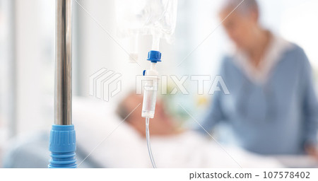 Hospital, iv drip and bag for medicine, healthcare and nutrition with couple in clinic. Intravenous liquid, water and saline solution for infusion, healing and recovery, rehabilitation and wellness 107578402