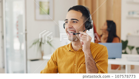 Call center, man and happy online consulting in office for CRM questions, FAQ contact and IT support. Telemarketing agent with communication for sales advisory, telecom solution and offer client help Call center, man and happy online consulting in office for CRM questions, FAQ contact and IT support. Telemarketing agent with communication for sales advisory, telecom solution and offer client help 107578773