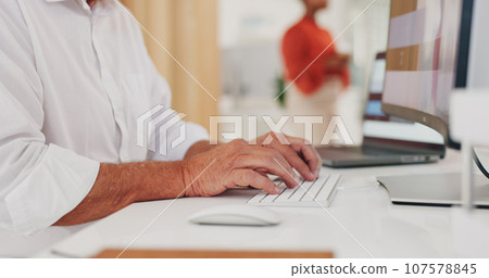 Business hands, computer and office for marketing, social media research and planning or editing report. Professional person or editor typing on desktop for website FAQ, copywriting and information Business hands, computer and office for marketing, social media research and planning or editing report. Professional person or editor typing on desktop for website FAQ, copywriting and information 107578845
