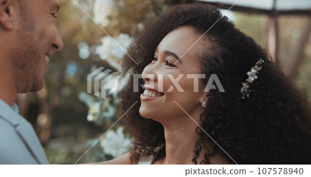 Love, dancing and bride at wedding for commitment and in celebration at a outdoor marriage ceremony or event for trust. Husband, wife and happy woman with smile and care for partner together 107578940