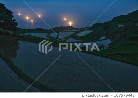 [Fish fires seen from Togohata rice terraces] Yuyagohata, Nagato City, Yamaguchi Prefecture 107579442