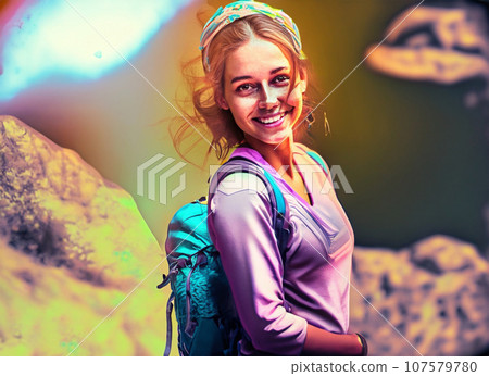 Portrait of a smiling woman with backpack standing on a rock and looking at camera. Generative AI 107579780