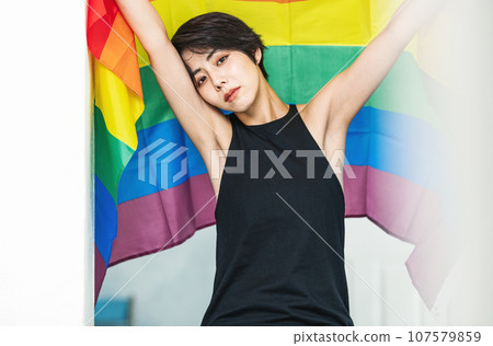 rainbow flag and woman rainbow flag and woman 107579859