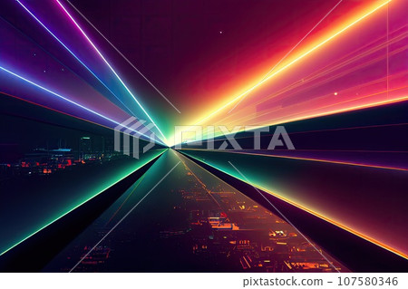 Futuristic technology abstract background with lines for network, big data, data center, server, internet, speed. Abstract neon lights into digital technology tunnel. Generative AI. 107580346