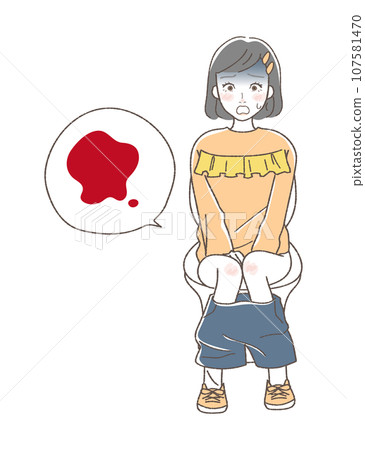 Illustration of a girl surprised by her period in the toilet Illustration of a girl surprised by her period in the toilet 107581470