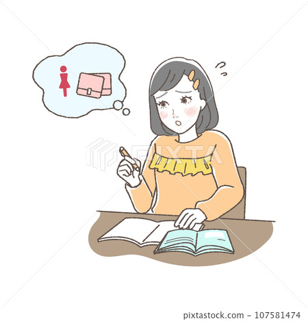 Illustration of a girl worried about her period during class 107581474