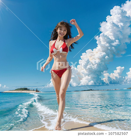 馬爾地夫海灘上穿著比基尼泳裝的女人微笑著行走 AI 圖像 AI 照片 107582507