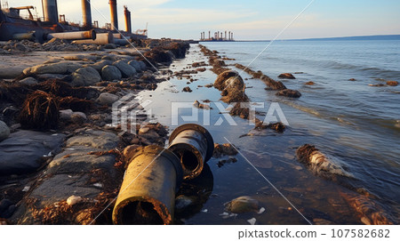 Contaminated water concept, Dirty water flows from the pipe into the river, sea, Water pollution, environment contamination 107582682