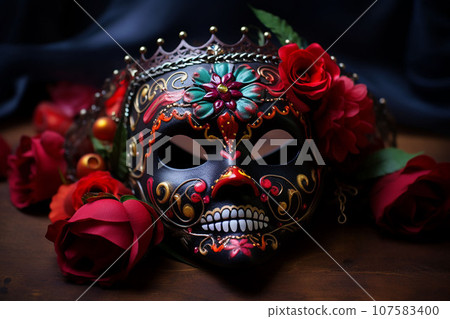 Closeup portrait of Calavera Catrina. Young woman with sugar skull makeup. Dia de los muertos. Day of The Dead. Halloween. Closeup portrait of Calavera Catrina. Young woman with sugar skull makeup. Dia de los muertos. Day of The Dead. Halloween. 107583400