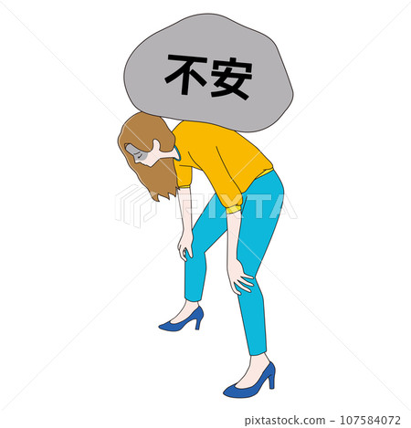 Anxious woman kneeling carrying a stone on her back Anxious woman kneeling carrying a stone on her back 107584072