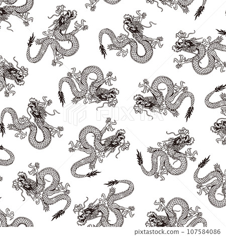 A continuous pattern with a dragon drawn in Japanese style, 107584086