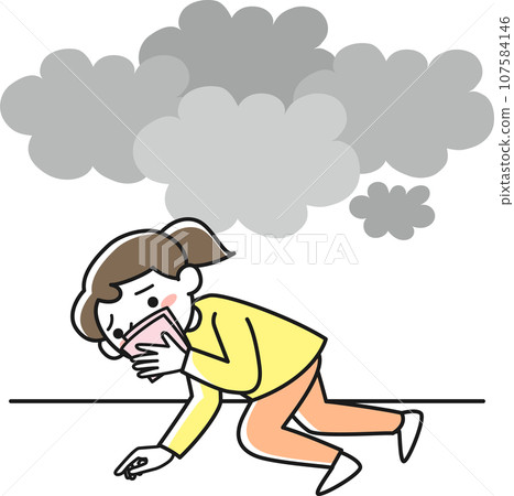 A young woman covers her mouth and nose and evacuates in a low position during a fire. A young woman covers her mouth and nose and evacuates in a low position during a fire. 107584146