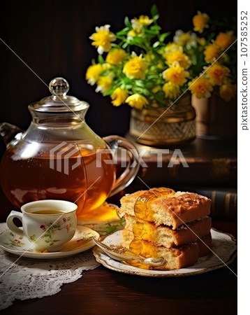 Lush fresh buns with honey and tea on the table. AI 107585252