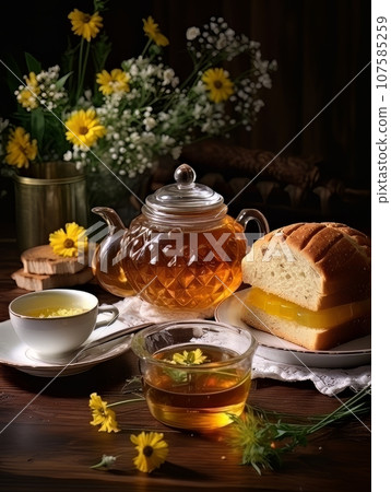 Lush fresh buns with honey and tea on the table. AI 107585259
