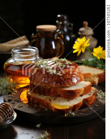 Lush fresh buns with honey and tea on the table. AI Lush fresh buns with honey and tea on the table. AI 107585261