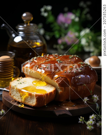 Lush fresh buns with honey and tea on the table. AI 107585263