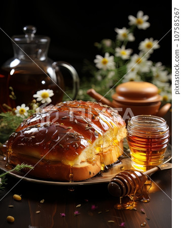 Lush fresh buns with honey and tea on the table. AI 107585267