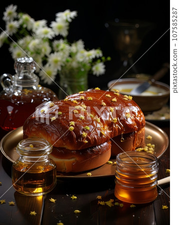 Lush fresh buns with honey and tea on the table. AI Lush fresh buns with honey and tea on the table. AI 107585287