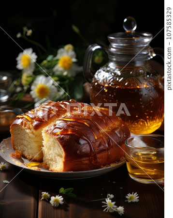 Lush fresh buns with honey and tea on the table. AI 107585329