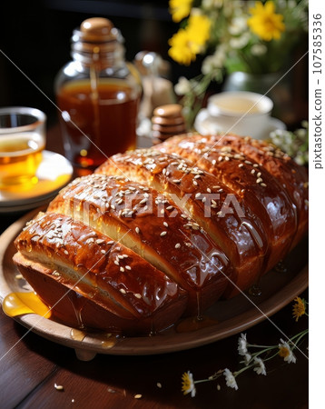 Lush fresh buns with honey and tea on the table. AI Lush fresh buns with honey and tea on the table. AI 107585336