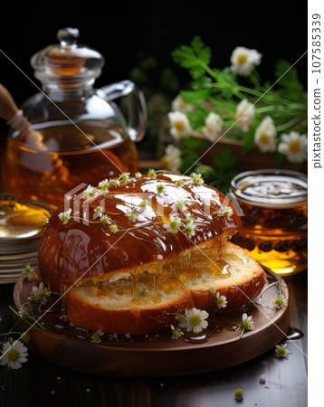 Lush fresh buns with honey and tea on the table. AI Lush fresh buns with honey and tea on the table. AI 107585339