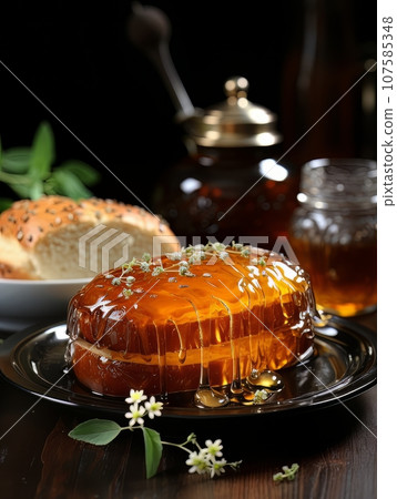 Lush fresh buns with honey and tea on the table. AI Lush fresh buns with honey and tea on the table. AI 107585348