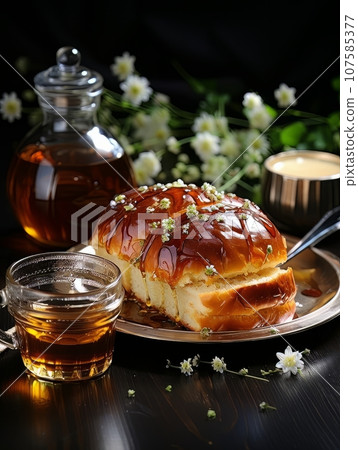 Lush fresh buns with honey and tea on the table. AI 107585377