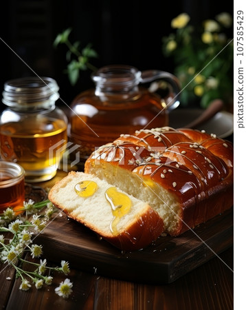 Lush fresh buns with honey and tea on the table. AI Lush fresh buns with honey and tea on the table. AI 107585429