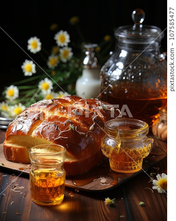 Lush fresh buns with honey and tea on the table. AI Lush fresh buns with honey and tea on the table. AI 107585477