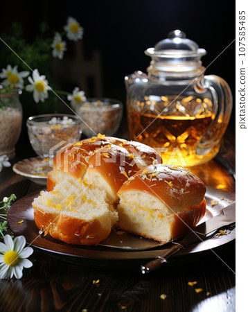 Lush fresh buns with honey and tea on the table. AI Lush fresh buns with honey and tea on the table. AI 107585485